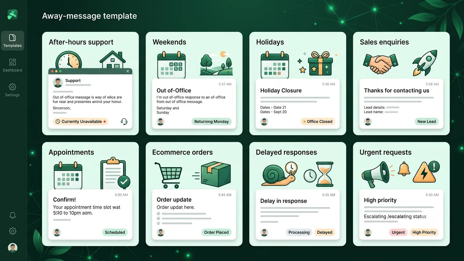 Illustrated library of professional WhatsApp away-message examples for after-hours support, weekends, holidays, sales, appointments, ecommerce, delays, and urgent requests