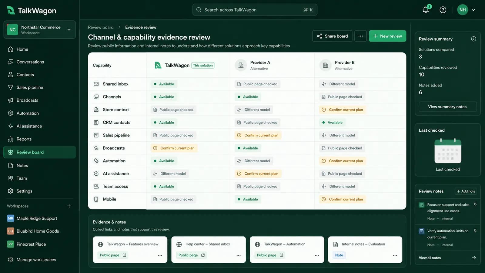 TalkWagon comparison workspace showing verified capability notes for DelightChat and WhatsApp CRM workflows