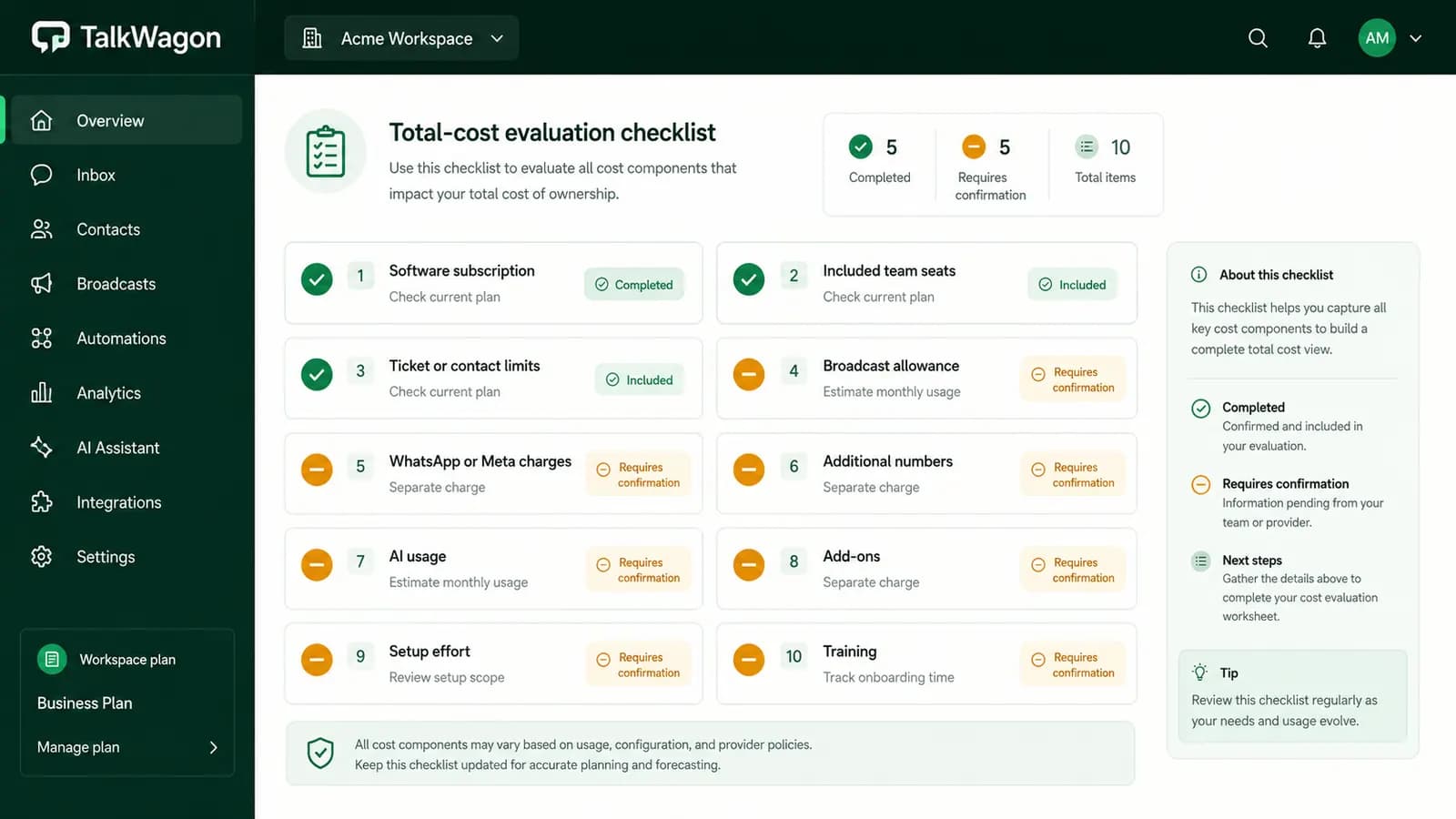 TalkWagon total-cost checklist for comparing subscription price, WhatsApp charges, team seats, broadcasts, automation, and migration work