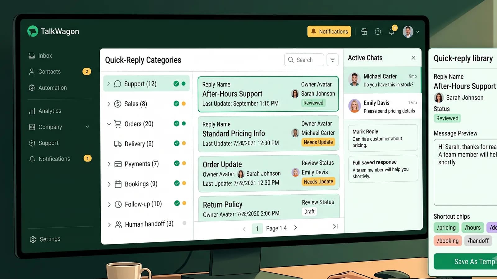 TalkWagon quick-reply library organized by support, sales, orders, delivery, payments, bookings, follow-up, and human handoff