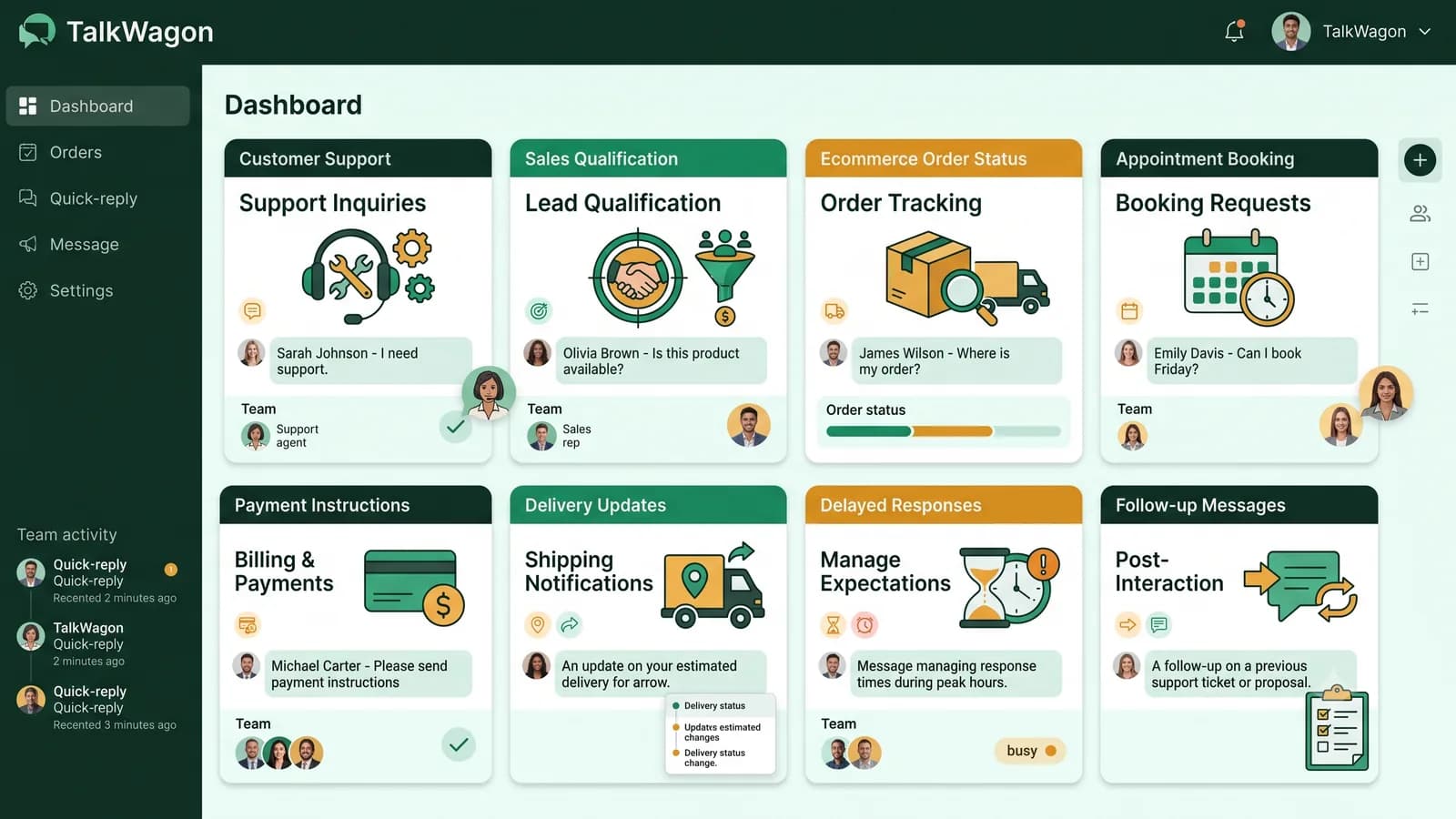 TalkWagon dashboard with quick-reply examples for customer support, sales, orders, appointments, payments, delivery, delays, and follow-up messages