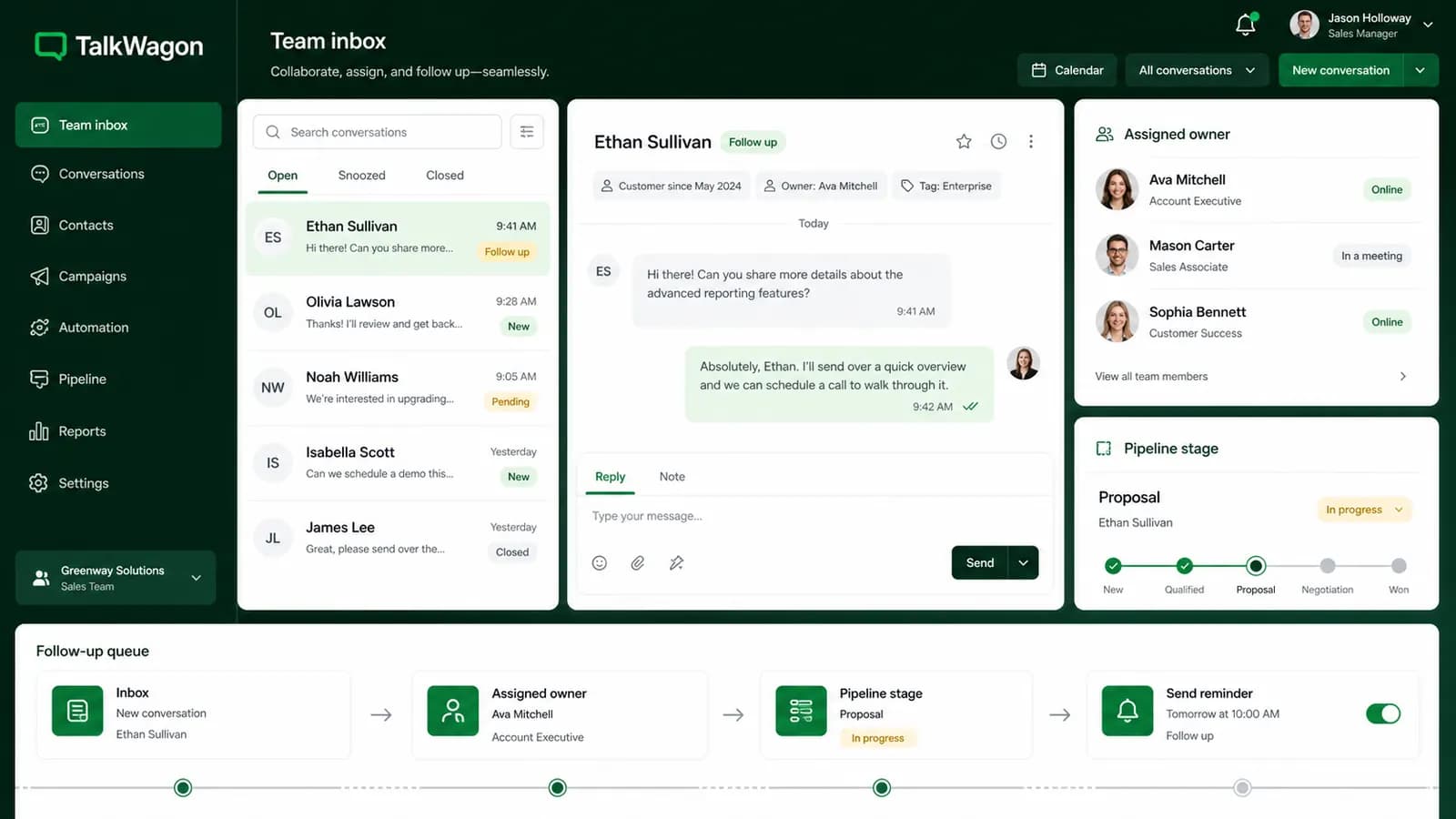 TalkWagon team inbox showing assigned owners, pipeline stages, and scheduled follow-up reminders for WhatsApp conversations