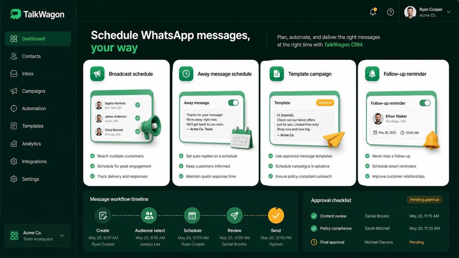 TalkWagon dashboard comparing broadcast schedules, away-message schedules, template campaigns, and follow-up reminders
