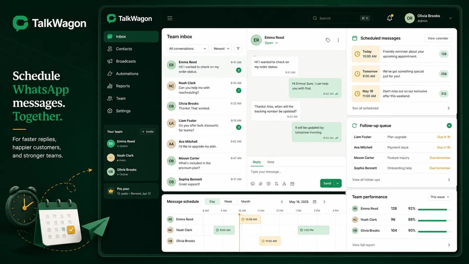 TalkWagon dashboard showing scheduled WhatsApp messages, a shared inbox, follow-up queue, and timing controls for business teams