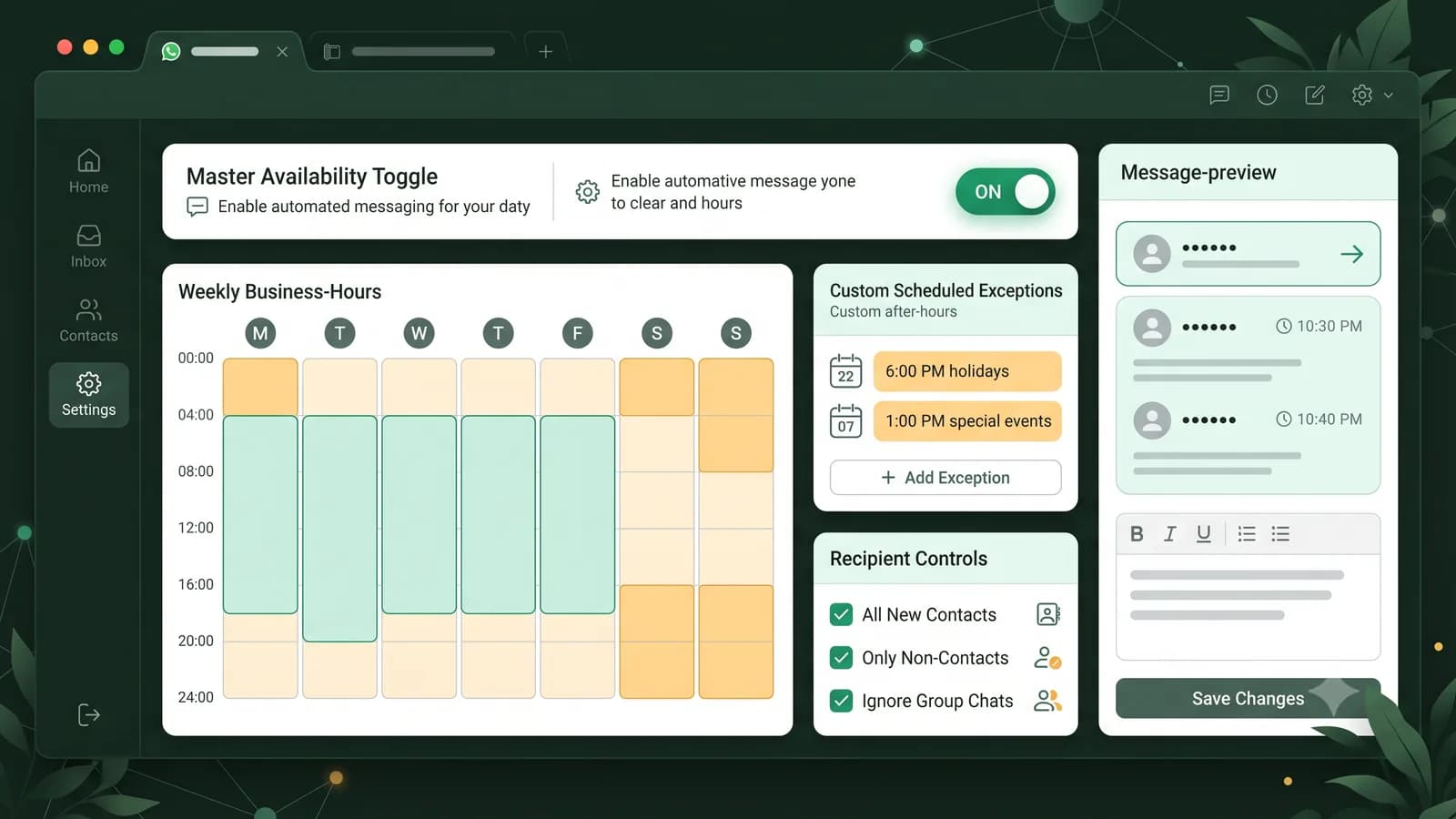 Illustrated WhatsApp Business away-message settings with business-hours schedule, exceptions, recipient controls, and message preview