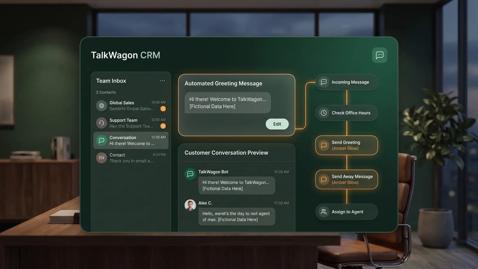 TalkWagon CRM dashboard concept showing a WhatsApp Business greeting message workflow, inbox panel, settings, and setup checklist