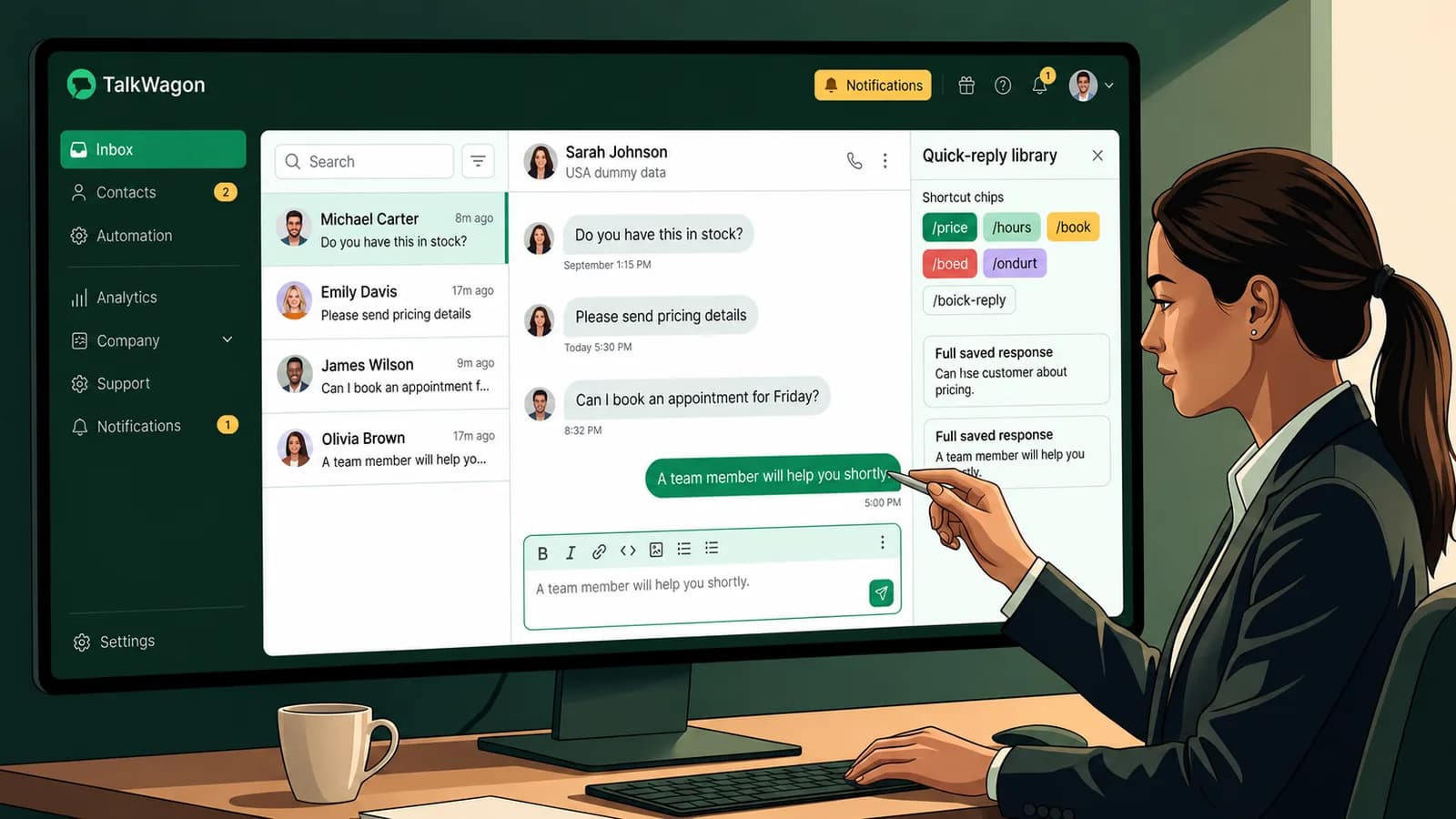 TalkWagon workspace showing a WhatsApp Business quick-reply library beside a customer conversation and message composer