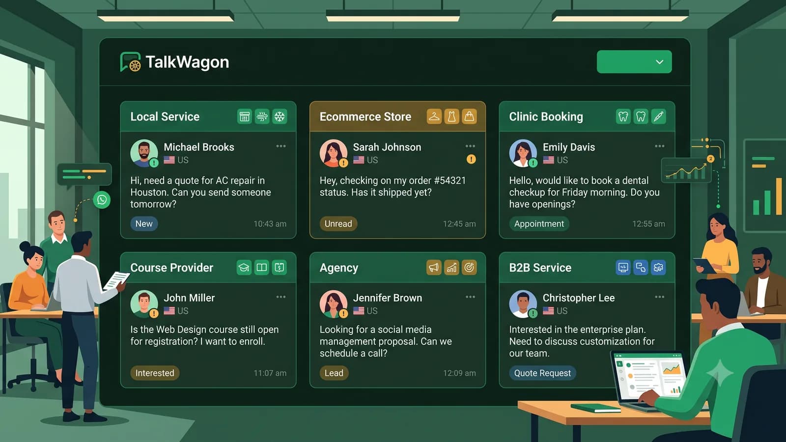 TalkWagon dashboard showing WhatsApp commerce examples for local service, ecommerce store, clinic booking, course provider, agency, and B2B service