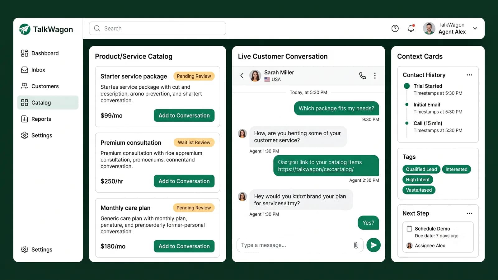 TalkWagon dashboard showing a WhatsApp Business catalog beside a live customer conversation and contact context cards