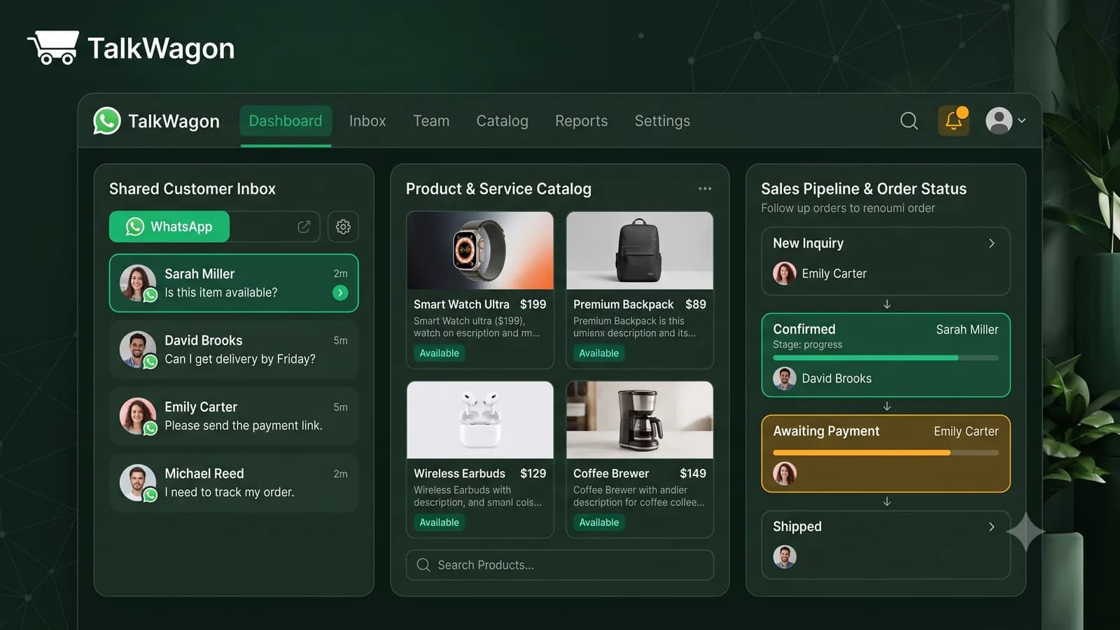 TalkWagon commerce dashboard showing a shared inbox, product catalog, and sales pipeline for WhatsApp commerce workflows