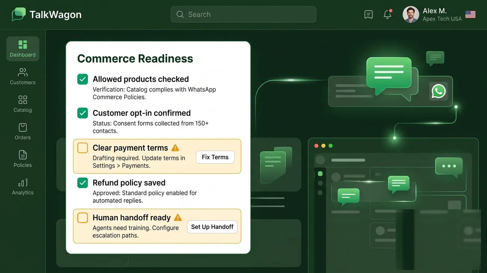 TalkWagon commerce readiness checklist for allowed products, opt-in, payment terms, refund policy, and human handoff