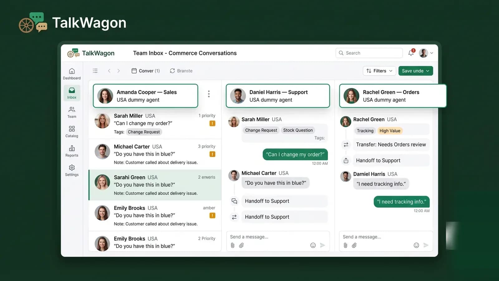 TalkWagon team inbox for WhatsApp commerce conversations with sales, support, and orders agents assigned to customer threads