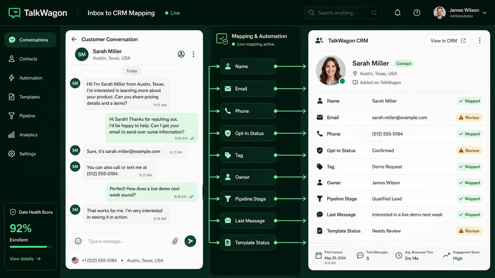 TalkWagon CRM mapping WhatsApp messages into contact records, tags, owners, and pipeline stages