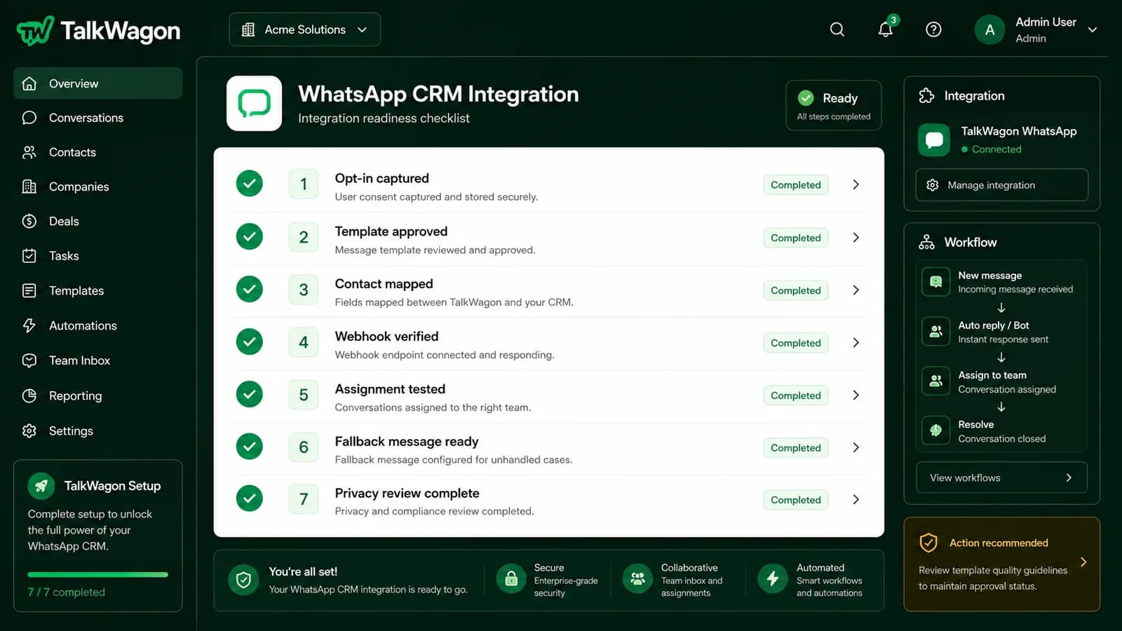 TalkWagon WhatsApp CRM integration checklist for opt-in, templates, mapped contacts, webhooks, assignments, and privacy review