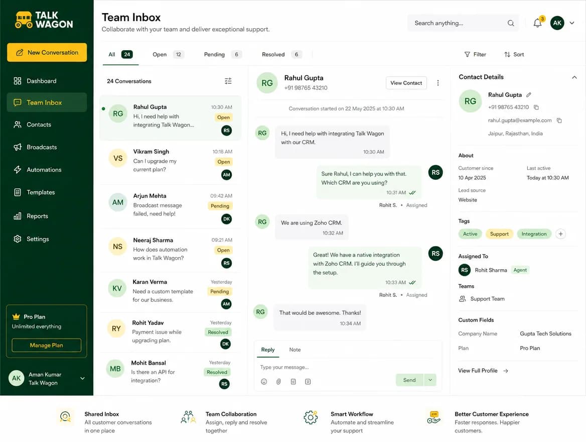 Shared WhatsApp team inbox for agents and managers