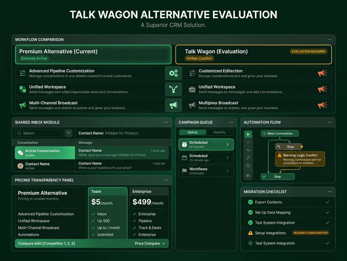 Talk Wagon alternative evaluation dashboard showing workflow comparison, pricing transparency, campaign queue, automation flow, and migration checklist
