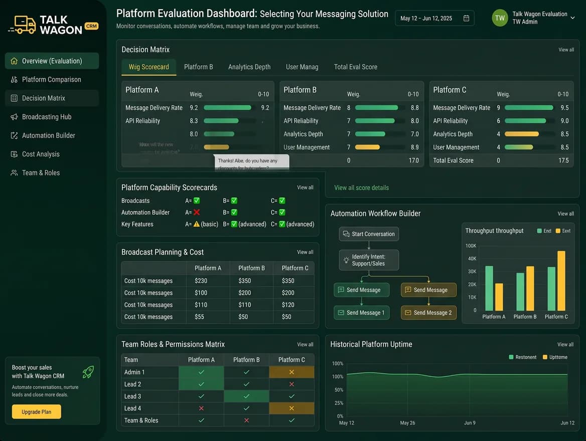 Talk Wagon platform evaluation dashboard showing decision matrix cards, automation workflow builder, broadcast planning, and team roles