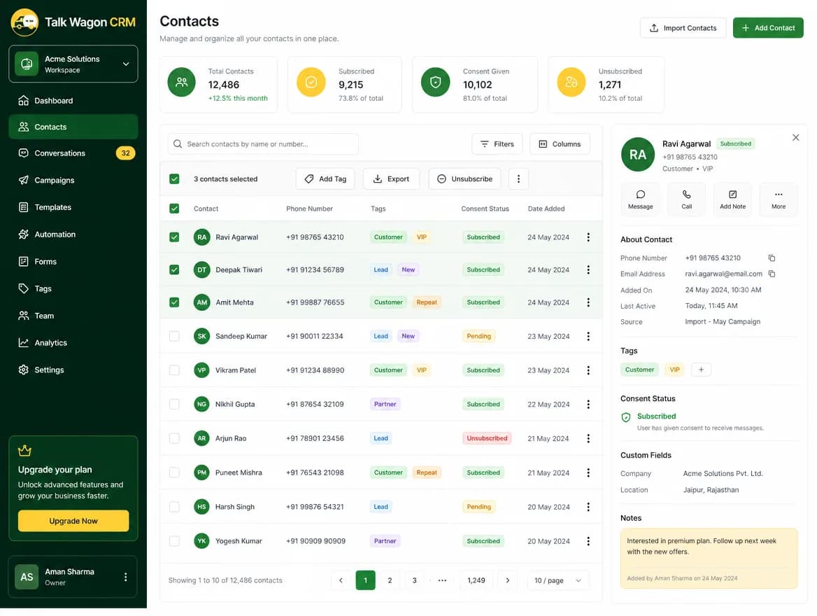 Contact management with consent badges and safe bulk actions