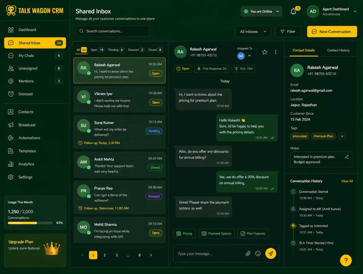 Shared WhatsApp team inbox for agents and managers