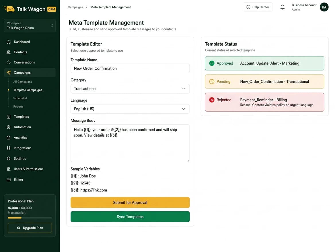 WhatsApp template manager with Meta approval and sync workflow