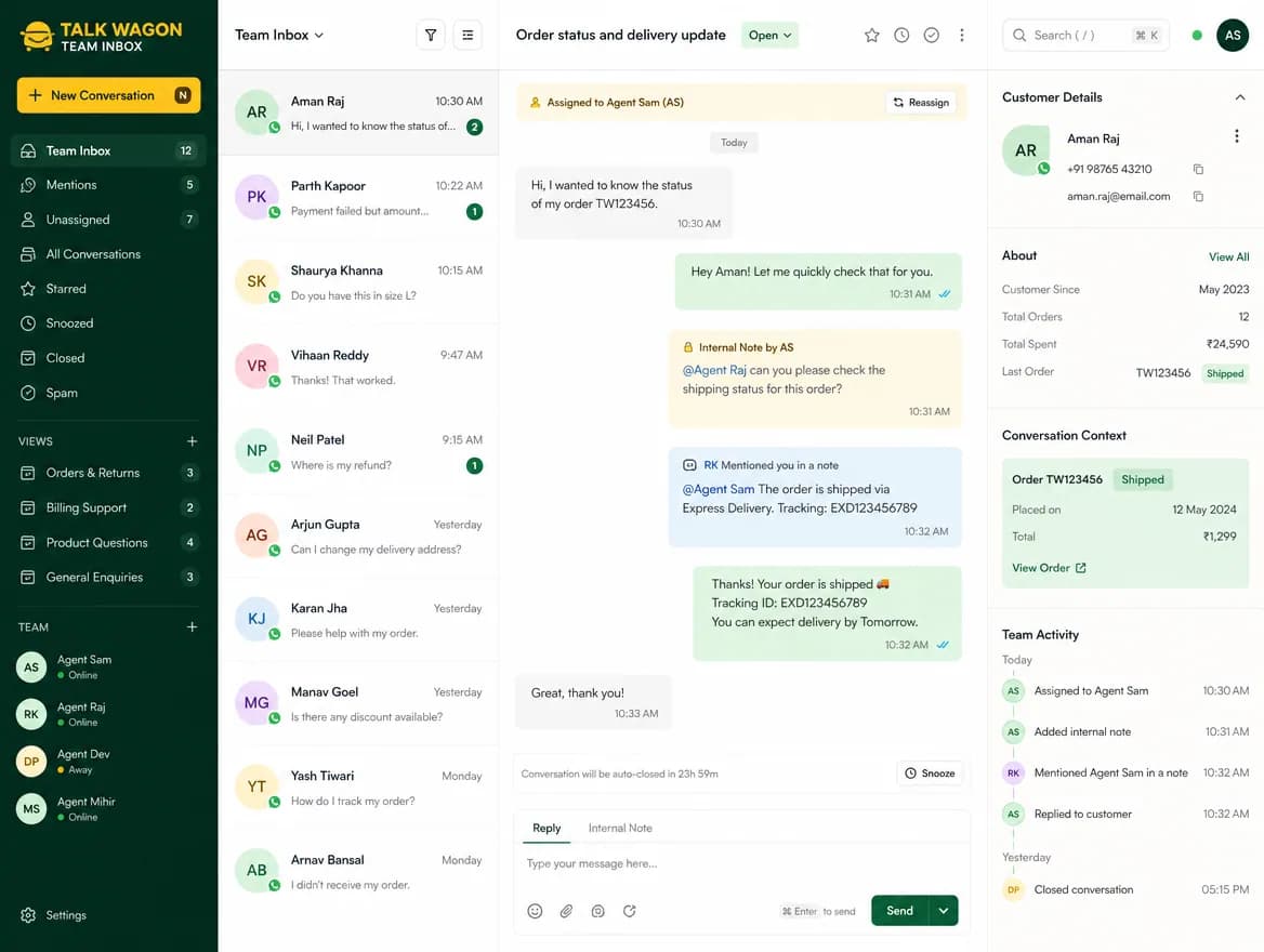 Team collaboration inside a shared WhatsApp CRM inbox