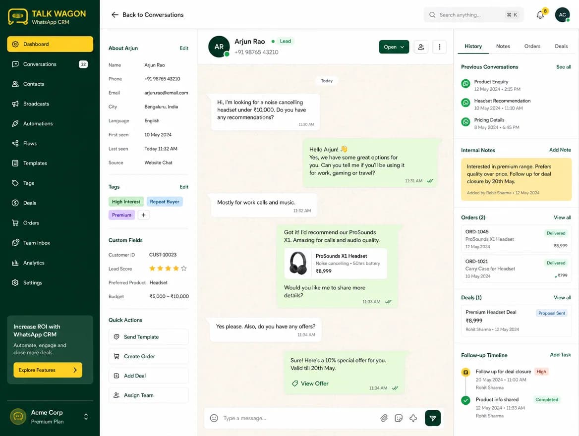 Customer contact history beside a WhatsApp CRM conversation