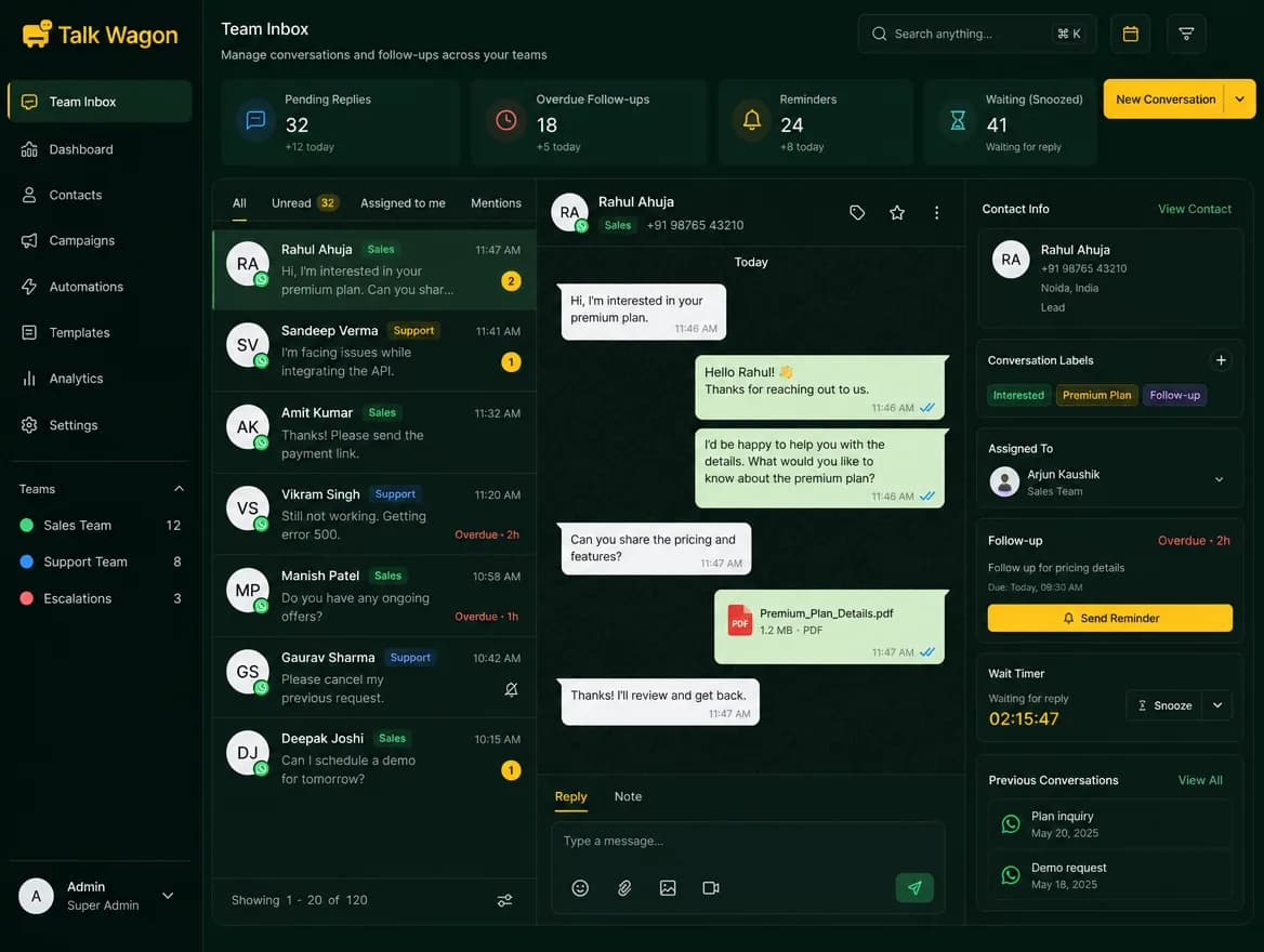 Team inbox follow-up workflow with pending replies and reminders