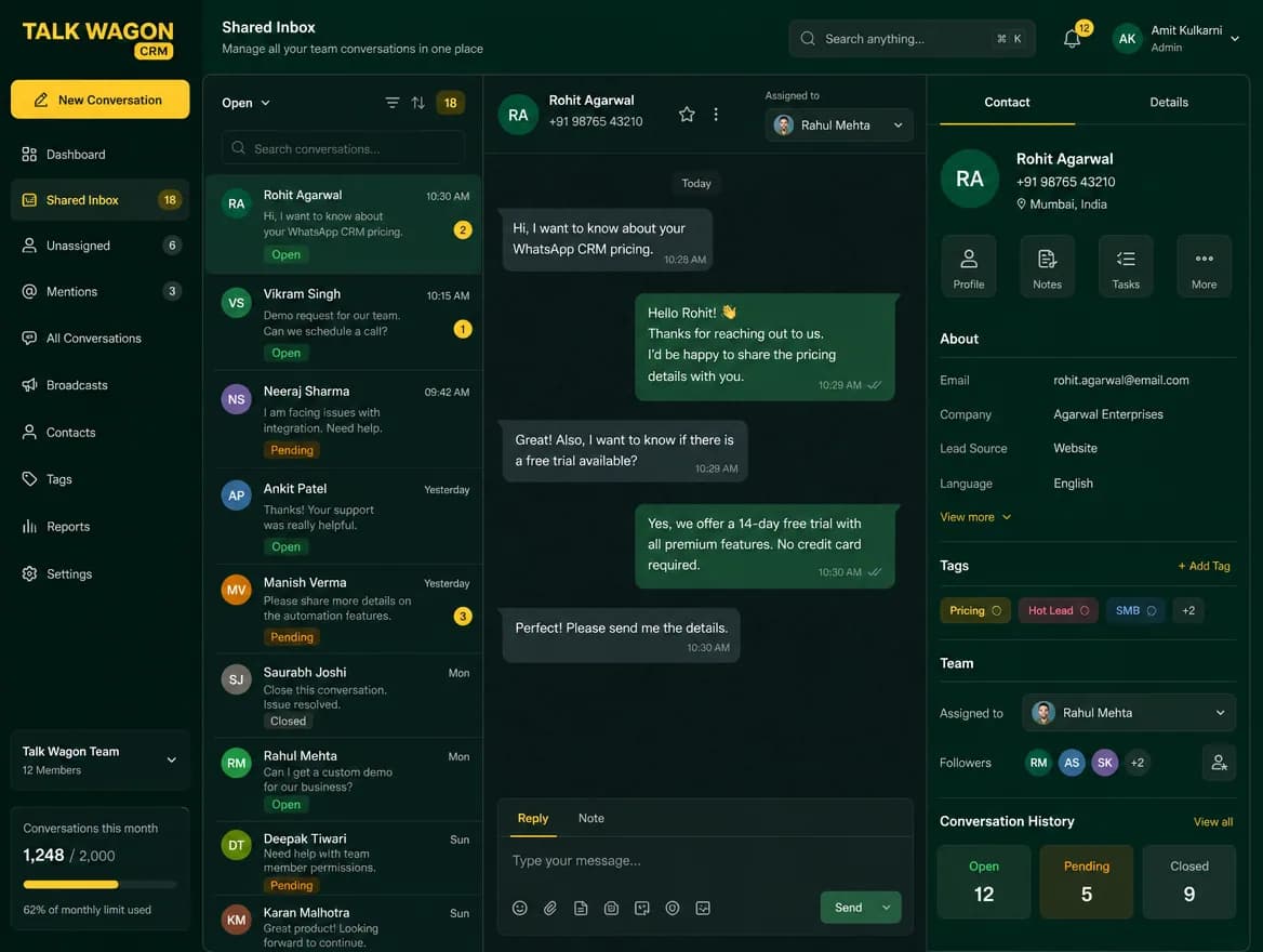 Shared WhatsApp team inbox workflow with agent assignment