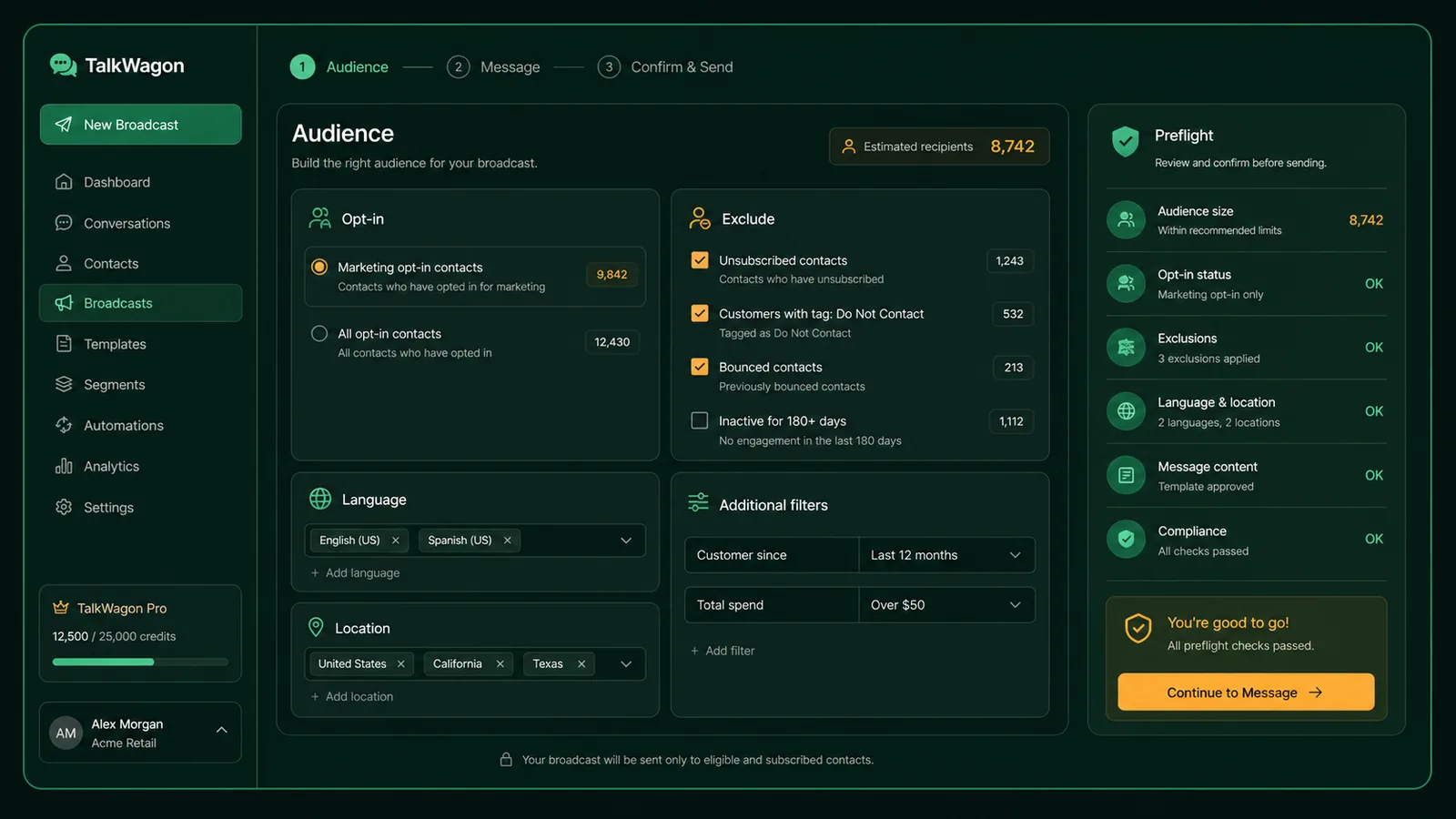 TalkWagon audience and preflight dashboard for a WhatsApp broadcast