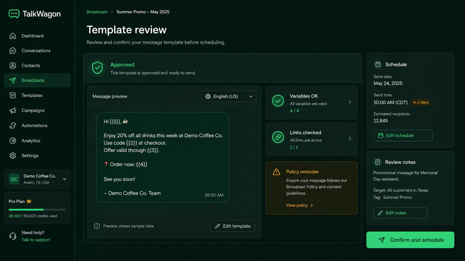 TalkWagon template review screen for a WhatsApp broadcast