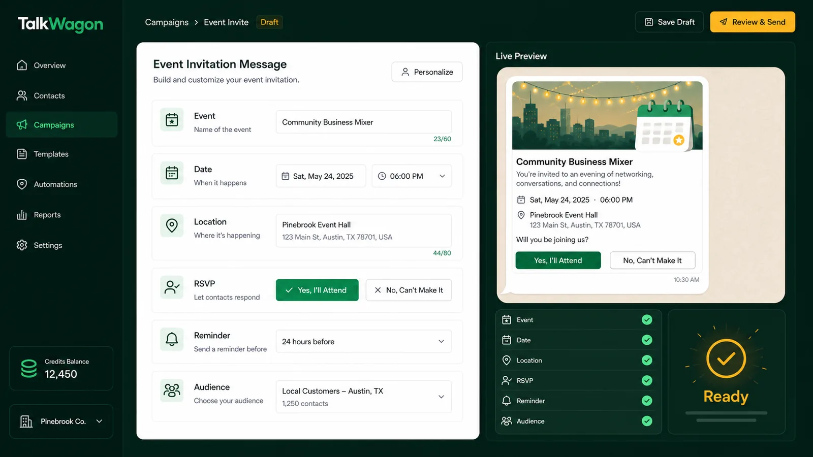 TalkWagon event invitation message builder with RSVP fields