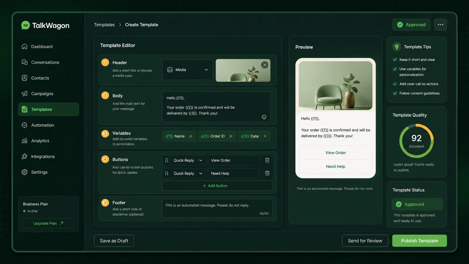 TalkWagon WhatsApp business template anatomy editor