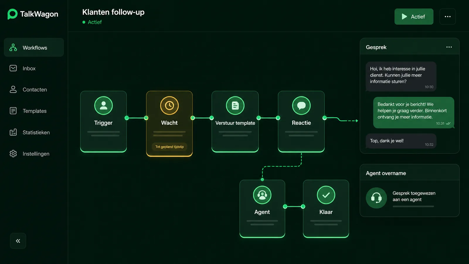TalkWagon workflow voor geplande WhatsApp follow-up met agentovername